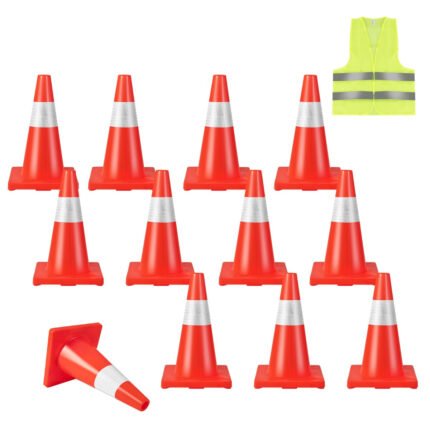 Lot de 12 cônes de signalisation réfléchissant en pvc hauteur 43cm avec gilet jaune cône de sécurité marqueur attention sécurité multi-usages 28 x 28 x 43cm 20_0003048