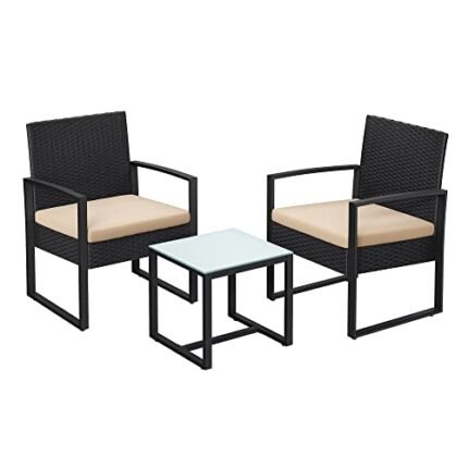 Salon de jardin extérieur ensemble de mobilier 3 pièces surface tressée en pe pour bistrot terrasse jardin balcon montage facile 2 chaises et 1 table noir et beige 12_0001693