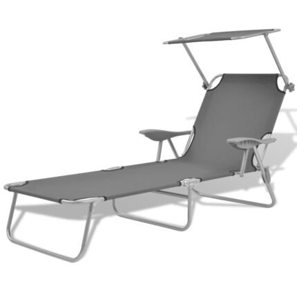 Transat chaise longue bain de soleil lit de jardin terrasse meuble d'extérieur avec auvent acier gris 02_0012265