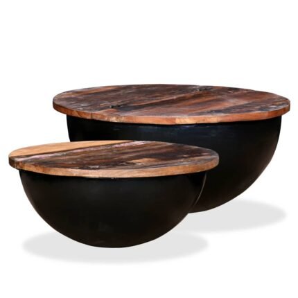 Ensemble de table basse lot de 2 bois récupération massif forme bol noir 02_0042122