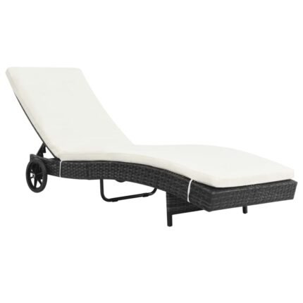 Transat chaise longue bain de soleil lit de jardin terrasse meuble d'extérieur avec roues et coussin résine tressée noir 02_0012595
