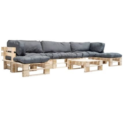 Salon de jardin meuble d'extérieur ensemble de mobilier palette 6 pièces avec coussins gris bois 02_0018425