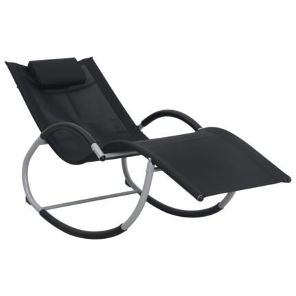 Transat chaise longue bain de soleil lit de jardin terrasse meuble d'extérieur avec oreiller noir textilène  02_0012557