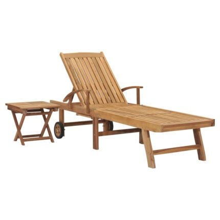 Transat chaise longue bain de soleil lit de jardin terrasse meuble d'extérieur avec table bois de teck solide  02_0012609