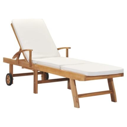 Transat chaise longue bain de soleil lit de jardin terrasse meuble d'extérieur 195 cm avec coussin bois de teck solide crème 02_0012429