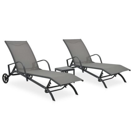 Lot de 2 transats chaise longue bain de soleil lit de jardin terrasse meuble d'extérieur avec table textilène et acier 02_0012135