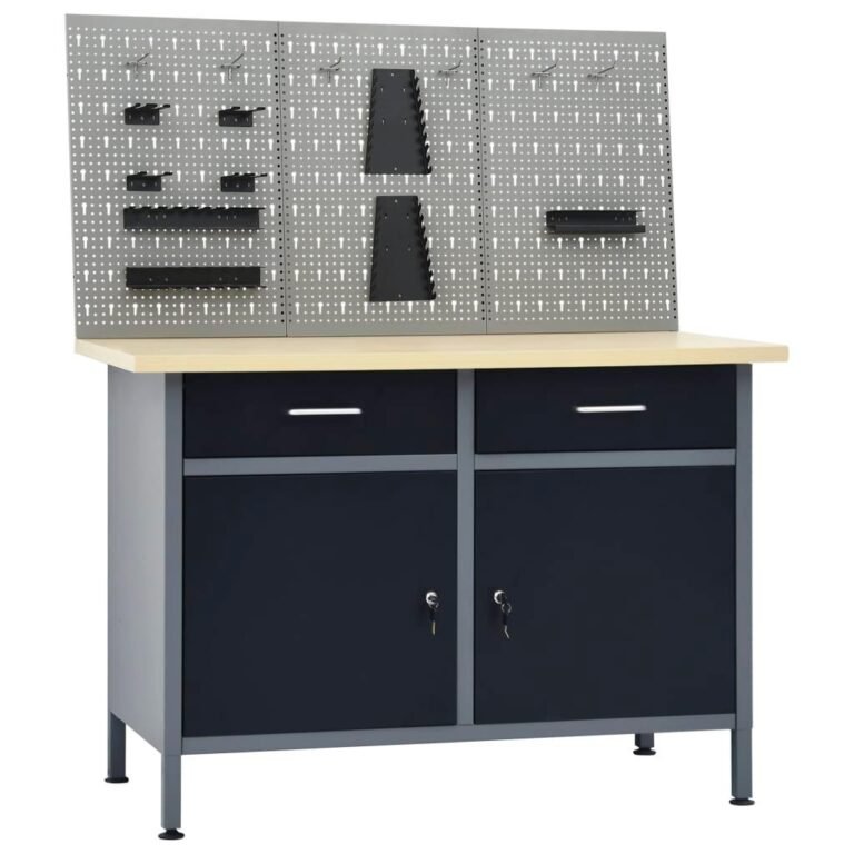 Etabli 120 cm avec 3 panneaux muraux et 1 armoire atelier table de travail gris noir 02_0003658