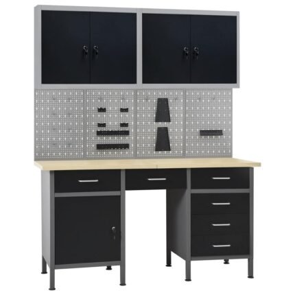 Etabli avec 4 panneaux muraux et 2 armoires table de travail poste de travail stockage rangement d'outils établi d'atelier garage 02_0003667