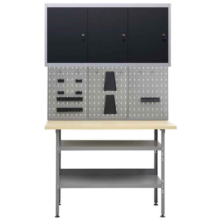 Etabli 120 cm avec 3 panneaux muraux et 1 armoire garage table de travail gris noir 02_0003662