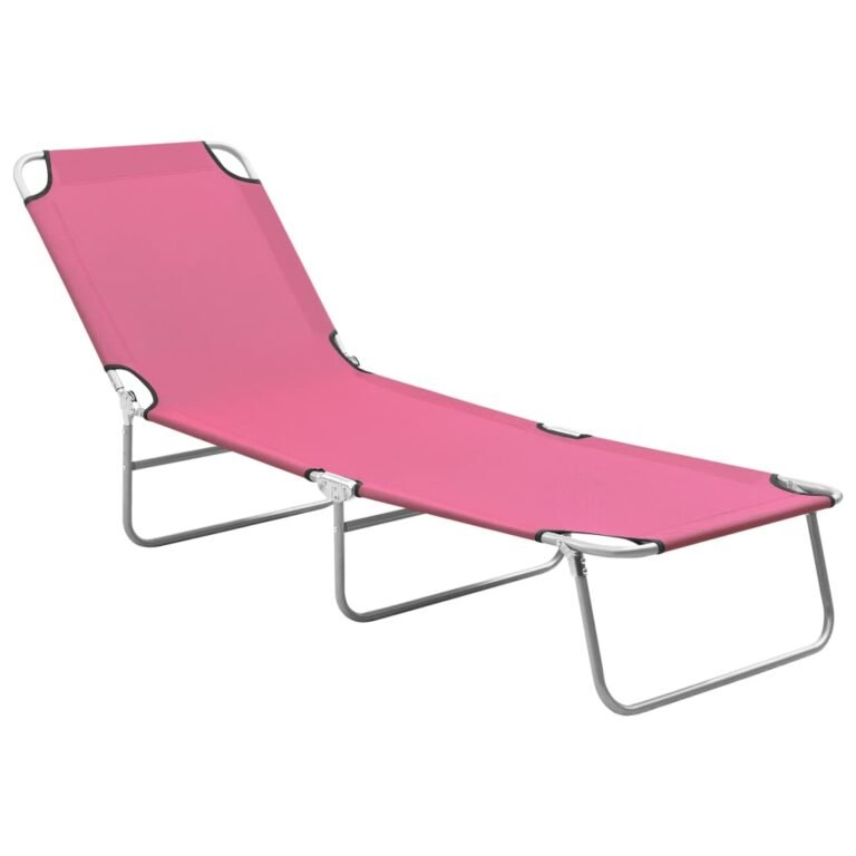 Transat chaise longue bain de soleil lit de jardin terrasse meuble d'extérieur pliable acier et tissu rose 02_0012802
