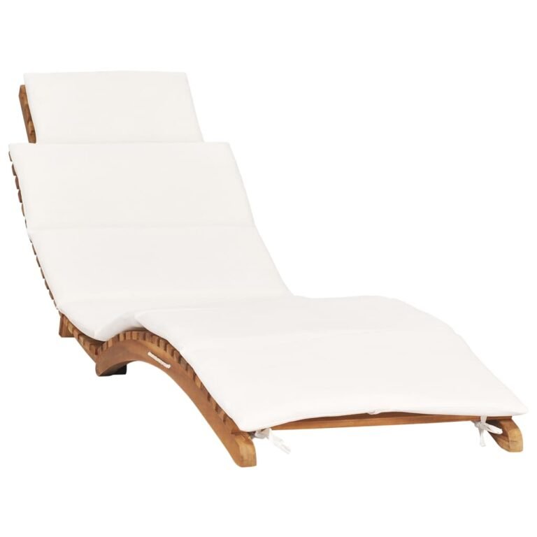 Transat chaise longue bain de soleil lit de jardin terrasse meuble d'extérieur pliable avec coussin blanc creme bois de teck 02_0012835
