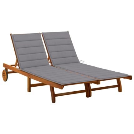 Transat chaise longue bain de soleil lit de jardin terrasse meuble d'extérieur 2 places avec coussins acacia solide 02_0012233