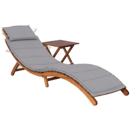 Transat chaise longue bain de soleil lit de jardin terrasse meuble d'extérieur avec table et coussin bois d'acacia 02_0012615