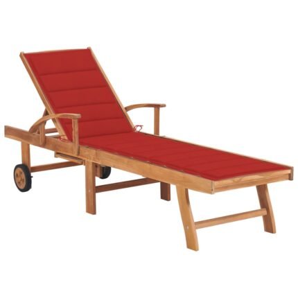 Transat chaise longue bain de soleil lit de jardin terrasse meuble d'extérieur avec coussin rouge bois de teck solide 02_0012503