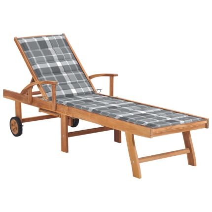 Transat chaise longue bain de soleil lit de jardin terrasse meuble d'extérieur avec coussin à carreaux gris bois de teck solide 02_0012543