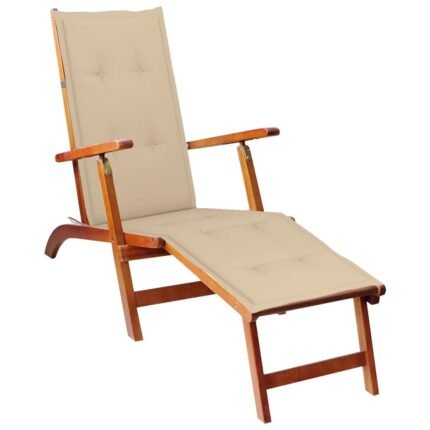 Transat chaise longue bain de soleil lit de jardin terrasse meuble d'extérieur avec repose-pied et coussin acacia solide 02_0012577