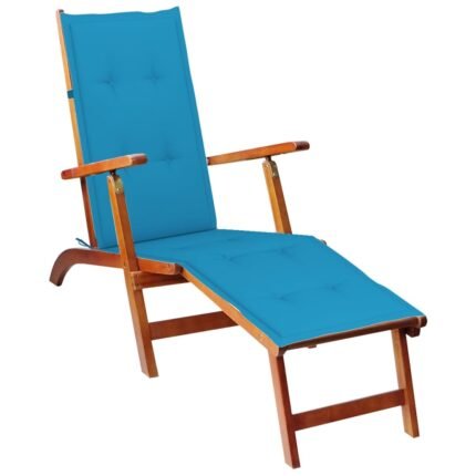 Transat chaise longue bain de soleil lit de jardin terrasse meuble d'extérieur avec repose-pied et coussin acacia solide 02_0012575