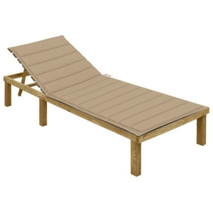 Transat chaise longue bain de soleil lit de jardin terrasse meuble d'extérieur 200 cm avec coussin beige bois de pin imprégné 02_0012300