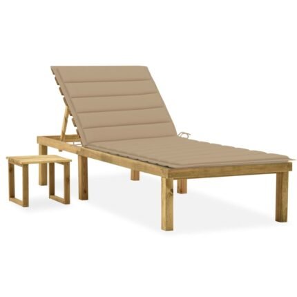 Transat chaise longue bain de soleil lit de jardin terrasse meuble d'extérieur 200 cm avec table et coussin pin imprégné 02_0012676