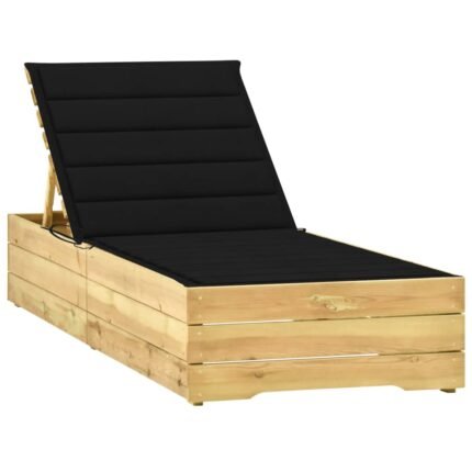 Transat chaise longue bain de soleil lit de jardin terrasse meuble d'extérieur avec coussin noir bois de pin imprégné 02_0012498