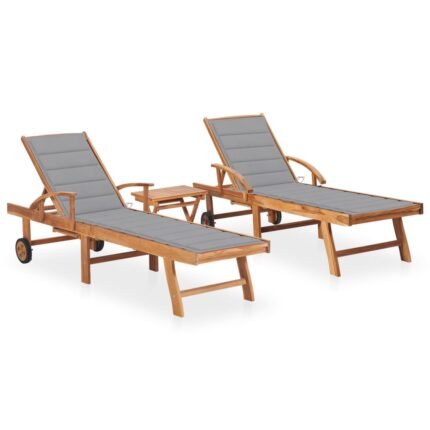 Lot de 2 transats chaise longue bain de soleil lit de jardin terrasse meuble d'extérieur avec table et coussin bois de teck solide 02_0012089