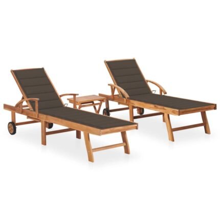 Lot de 2 transats chaise longue bain de soleil lit de jardin terrasse meuble d'extérieur avec table et coussin bois de teck solide 02_0012088
