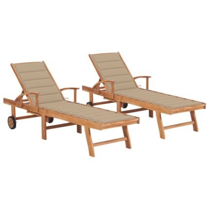 Lot de 2 transats chaise longue bain de soleil lit de jardin terrasse meuble d'extérieur avec coussin beige bois de teck solide 02_0012026