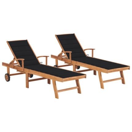 Lot de 2 transats chaise longue bain de soleil lit de jardin terrasse meuble d'extérieur avec coussin noir bois de teck solide 02_0012034