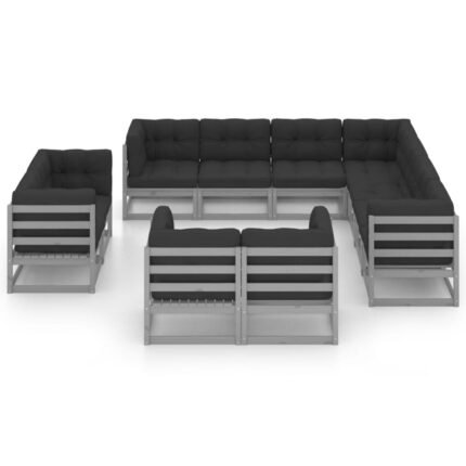 Salon de jardin meuble d'extérieur ensemble de mobilier 11 pièces avec coussins gris bois de pin massif 02_0015333