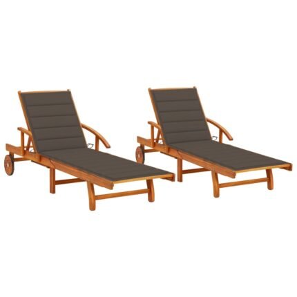 Lot de 2 transats chaise longue bain de soleil lit de jardin terrasse meuble d'extérieur avec coussins bois d'acacia solide 02_0012054