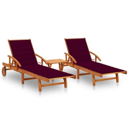 Lot de 2 transats chaise longue bain de soleil lit de jardin terrasse meuble d'extérieur avec table et coussins acacia solide 02_0012098