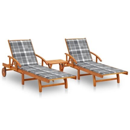 Lot de 2 transats chaise longue bain de soleil lit de jardin terrasse meuble d'extérieur avec table et coussins acacia solide 02_0012109