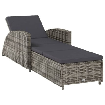Transat chaise longue bain de soleil lit de jardin terrasse meuble d'extérieur avec coussin gris foncé résine tressée gris 02_0012493