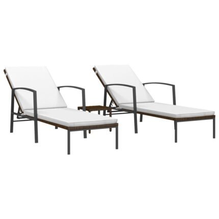 Lot de 2 transats chaise longue bain de soleil lit de jardin terrasse meuble d'extérieur avec table résine tressée marron 02_0012129