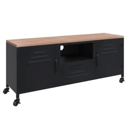 Meuble TV multimédia étagère télévision buffet téléviseur salle à manger salon chambre 110 x 30 x 43 cm Fer et bois de pin massif noir 02_0025739