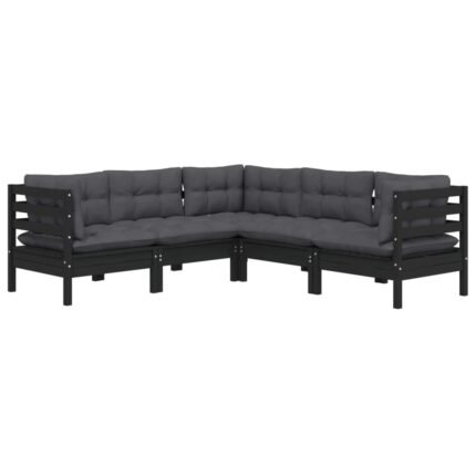 Salon de jardin meuble d'extérieur ensemble de mobilier 5 pièces avec coussins noir bois de pin solide 02_0016421
