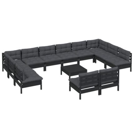 Salon de jardin meuble d'extérieur ensemble de mobilier 13 pièces avec coussins noir bois de pin massif 02_0015767