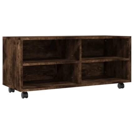 Meuble TV multimédia étagère télévision buffet téléviseur salle à manger salon chambre sur roulettes chêne fumé 90 x 35 x 35cm bois d'ingénierie brun 02_0028481