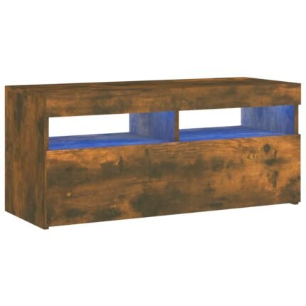Meuble TV multimédia étagère télévision buffet téléviseur salle à manger salon chambre avec lumières LED chêne fumé 90 x 35 x 40 cm brun 02_0026749