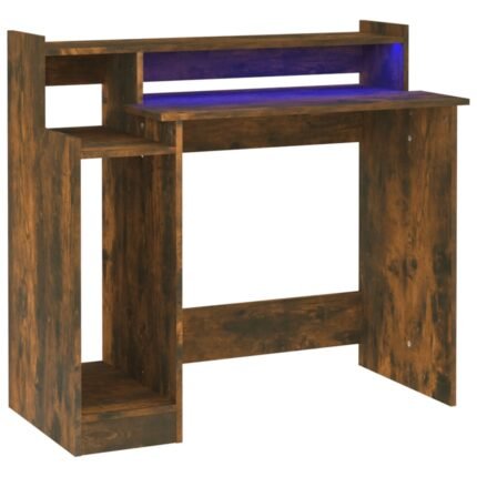 Bureau table poste de travail meuble d'ordinateur informatique étude et lumières LED chêne fumé 97 x 45 x 90 cm bois d'ingénierie brun 02_0023789