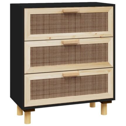 Buffet bahut commode armoire meuble de rangement organisateur cuisine salle de séjour salon 60 x 30 x 70 cm bois de pin massif et rotin naturel noir 02_0035967