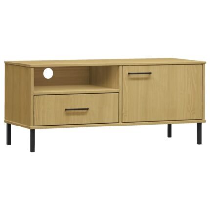 Meuble TV multimédia étagère télévision buffet téléviseur salle à manger salon chambre avec pieds en métal bois de pin massif brun 02_0026868