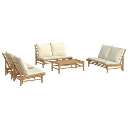 Salon de jardin meuble d'extérieur ensemble de mobilier 5 pièces avec coussins blanc crème bambou 02_0016304
