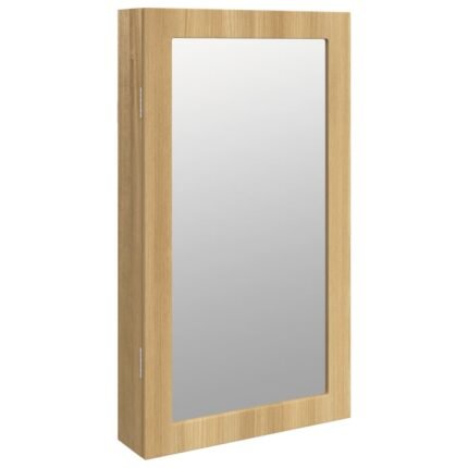 Armoire à bijoux meuble rangement organisateur chambre vestiaire salle de bain avec miroir et éclairage LED mural marron 02_0022801