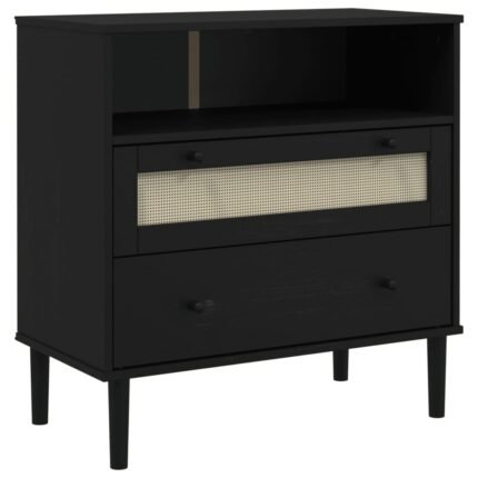 Buffet bahut commode armoire meuble de rangement organisateur cuisine salle de séjour salon aspect rotin 80 x 40 x 80 cm bois massif de pin noir 02_0036239