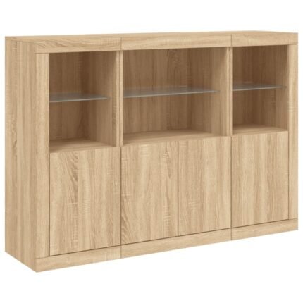 Buffet bahut commode armoire meuble de rangement organisateur cuisine salle de séjour salon avec lumières LED 3 pcs sonoma bois d'ingénierie marron 02_0037217