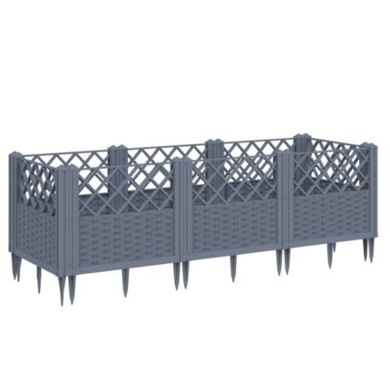 Jardinière bac lit surélevé plantes fleurs terrasse jardin avec piquets 123,5 x 43,5 x 43,5 cm PP gris 02_0038182