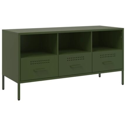 Meuble TV multimédia étagère télévision buffet téléviseur salle à manger salon chambre olive 100,5 x 39 x 50,5 cm acier vert 02_0028247