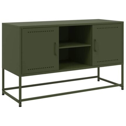 Meuble TV multimédia étagère télévision buffet téléviseur salle à manger salon chambre olive 100,5 x 39 x 60,5 cm acier vert 02_0028252