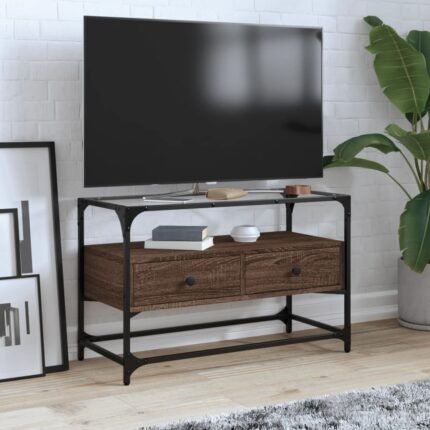 Meuble TV multimédia étagère télévision buffet téléviseur salle à manger salon chambre avec dessus en verre chêne bois d'ingénierie brun 02_0026416